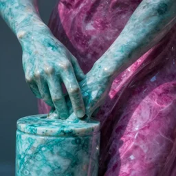 a marble statue dabbing, cyan and magentsa,