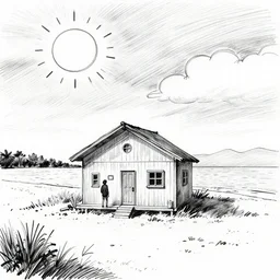 beach house, day sky with happy sun, sketch, draw, ink art, b & w, by james jean and david diao