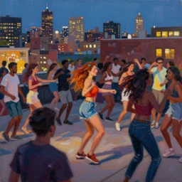 renoir painting. close detail shot of vivacious joyful atmosphere popular dance new york rooftop twilight. the study of the moving crowd, natural and artificial light, vibrant, brightly coloured brushstrokes. a precise impression of scene. gen z. foreground in shadow. 5 0 mm lens. focus. perspective. skyline background. city lights.