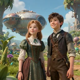 in a steampunk world, a girl and a boy standing next to some alien plants, looking happy, wearing victorian clothes, in front of their space ship, in a park on a alien planet, ultra realistic facial details, enhanced faces, nice clear faces, ultra photorealistic raytracing, trending on artstation, 8k
