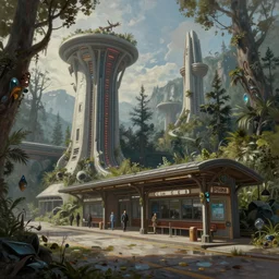 a beautiful very detailed painting of bus station nature architecture by carlo stanga, wilderness evil gem atlantis assassin's creed bioshock matte painting cgsociety futuristic, archdaily, wallpaper, highly detailed, trending on artstation.