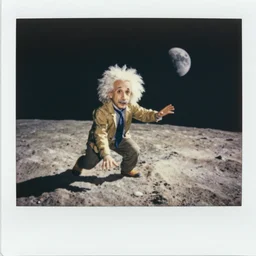 a vintage Polaroid of Albert Einstein landing on the moon