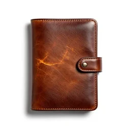 glowing leather journal, professional product shot, isolated on a pure white background, centered, entire object in frame, sharp focus, soft studio lighting