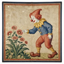 a clown picking flowers, medieval tapestry, 4k, high quality, realistic