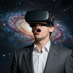 man wearing virtual reality headset, space, shocked expression, galaxy, 1950s art deco, retrofuturism, edward hopper