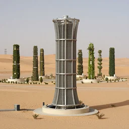 torus shaped electrostatic water condensation collector tower, irrigation system in the background, vertical gardens,  in the middle of the desert, XF IQ4, 150MP, 50mm, F1.4, ISO 200, 1/160s, natural light