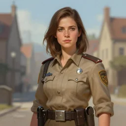 a town guard woman with shoulder length brown hair wearing light brown clothing, a character portrait by mandy jurgens, cgsociety, fantasy art, artstation hd, detailed painting, official art
