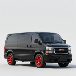 black 1 9 8 3 gmc van, red alloy wheels, full length, photorealistic, octane render, very detailed