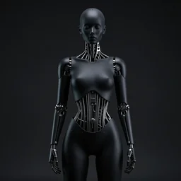 techno fetishist euphoria biomechanical matte black obsidian with exposed metal strings dark studio 4 k