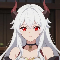 white hair, red eyes, two small horn on the head, anime style, anime girl,