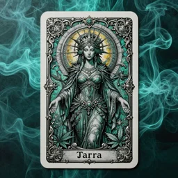 Tarot card of the Cannabis Goddess, highly detailed portrait, psychedelic, high fantasy, teal paper, smoke swirls, ultra-detailed, ornate, elaborate, intricate metallic details, mixed media, realistic composition, point of interest at golden ratio, light from top, more darkness on bottom, high quality of sketching, highly detailed, octane render, 8k