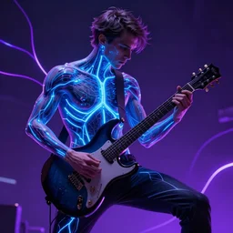 guitar, guitarist, by greg rutkowski, by anton fadeev, by rhads, 4 k, cyber punk style, glowing blue veins, purple glowing wires