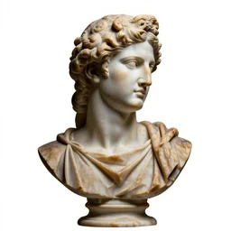 carved wooden greek marble bust, high detail macro photography, isolated on a pure white background, centered, entire object in frame, sharp focus, soft studio lighting