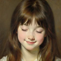 a detailed portrait of am adorable anime girl, smile coy, closed eyes, painting by gaston bussiere, craig mullins, j. c. leyendecker