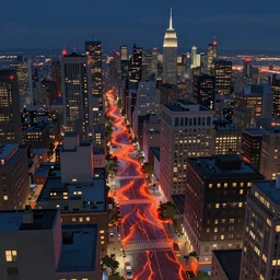 manhattan city streets flooded with lava, view from helicopter, at the city below city at night, in the style of studio ghibli, j. c. leyendecker, greg rutkowski, artem