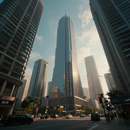 future city from the street level, cinematic angle, upward perspective