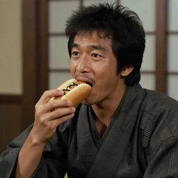 scene from Kagemusha, 1980, movie still, cinematic, a man eating a delicious hot dog, epic,