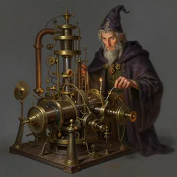 a random pointlessly elaborate intricate contraption pneumatic machine with no apparent purpose, being operated by a wizard with a clear directed gaze, dnd character art portrait, matte fantasy painting, deviantart artstation, by jason felix by steve argyle by tyler jacobson by peter mohrbacher, cinematic lighting
