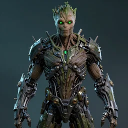 human goth groot ; adult male 3 0 years ; glowing green eyes ; scientist ; friendly ; sharp facial features ; slender ; vampire ; wearing high tech armour ; robot ; trending on artstation ; high detail ; digital art