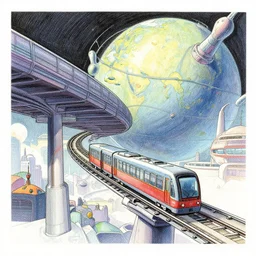 a beautiful illustration of a retro futurism elevated railway on another world by Robert McCall| sparth:.2 | Time white:.3 | Rodney Mathews:.3 | Graphic Novel, Visual Novel, Colored Pencil, Comic Book:.2