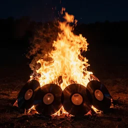 a brooding photo of a pyre at night, vinyl in the flames, records in the flames, 4 5 singles in the flames