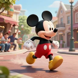 Mickey mouse running through town scaring people, realistic, photograph