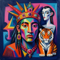 “A surreal neon painting of a shaman face and a tiger futuristic picasso by hr giger and Vladimir kush and dali and kandinsky, 3d, realistic shading, complimentary colors, vivid neon colors, aesthetically pleasing composition, masterpiece, 4k, 8k, ultra realistic, super realistic”