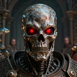 medieval giger closeup face portrait of a t - 8 0 0 terminator wearing armour with red glowing eyes, nicoletta ceccoli, mark ryden, lostfish, hyung tae, frank frazetta, depth of field, detailed and intricate gothic environment, 8 k resolution, hyperrealistic, octane render