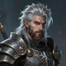 an epic fantastic realism comic book style portrait painting of an aasimar paladin, male, shaggy silver hair, scruffy brown beard, d & d concept art, unreal 5, daz, petrol aesthetic, octane render, full head, cosplay, rpg portrait, dynamic lighting