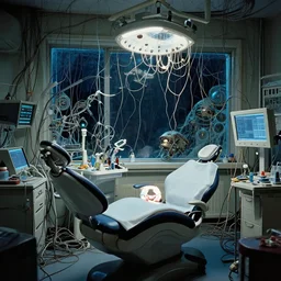 dentist, 1 9 8 0, retrofuturism, cluttered, wires everywhere, window, at night, dramatic lighting, alien technology, detailed by simon stalenhag