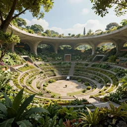 archviz, 8 k, 3 d, volumetric lighting, hyper detailed, archviz, hyper realism, octane render, unreal engine, zbrush, eco - punk, cinematic lighting, concept art, plants, trees, moss, a beautiful massive outdoor amphitheater in the future