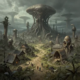 extraterrestrial village. concept art by h. r. giger, inspired by simon stalenhag.