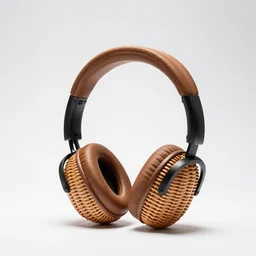 wicker studio headphones, professional product shot, isolated on a pure white background, centered, entire object in frame, sharp focus, soft studio lighting