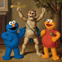 sesame street muppets art by hieronymus bosh, triumph of death by pieter brueghel