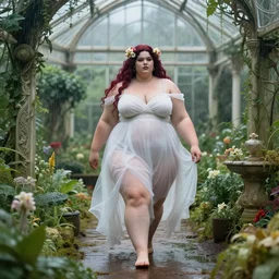 a stunning matte landscape of a thicc and voluptuous poison ivy dressed as palutena in a gossamer white dress walking through a garden in the rain, greenhouse in the background, intricate, elegant, highly detailed, artstation, concept art, ultra sharp focus, octane render, volumetric lighting, god rays, art by jugendstil and greg rutkowski and alphonse mucha