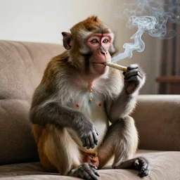 photo of a happy monkey smoking a joint while sitting on a couch at home, 4k,