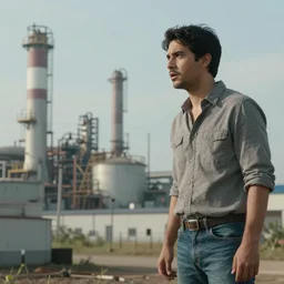 a guy in a grey shirt and blue jeans with black hair and no facial hair looking in the distance to see a factory ( high detailed, greatly illustrated, good quality photo shot, amazed details and uhd cinematic movie shot )