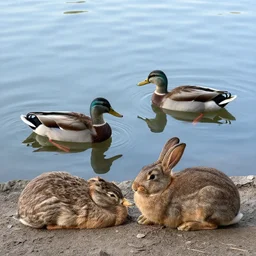 high detailed photo of a lake with duck and rabbit chilling nearby.