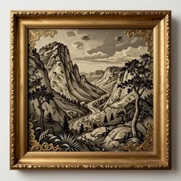 a illustration wood frame engraving with extreme intrincate details, gold border highly detail ornaments art by cubic artists