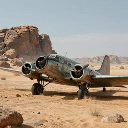 an old war plane in the desert with rocks in the background, concept art by yuri ivanovich pimenov, cgsociety, photorealism, sketchfab, physically based rendering, rendered in unreal engine