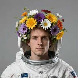 flowers coming out of head, portrait, space man, space suit, flowers, high definiton