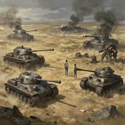 concept art of a dusty field with ruined dieselpunk orcish tanks and smoking craters in the background, key visual, ambient lighting, highly detailed, digital painting, artstation, concept art, sharp focus, by makoto shinkai and akihiko yoshida and hidari and wlop