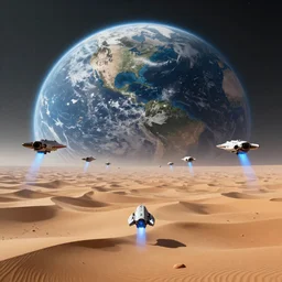 distant planet earth desert wasteland with full planet in view, thousands of spaceships flying toward backward with blue flames,, hyperrealistic, Cryengine 8k UHD