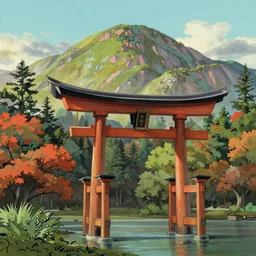 Japanese Torii in a colorful moutain with COLORFUL trees ,morning , by studio ghibli painting, superior quality, masterpiece, by Grzegorz Rutkowski, concept art