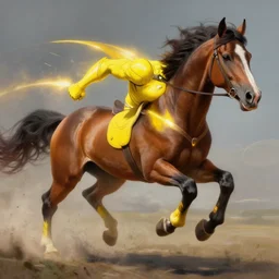 a stunning digital painting of a horse as the flash in costume running in the speedforce by greg rutkowski, volumetric light, digital art, fine detail, photorealistic