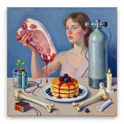 eurasian female artist, surgical equipment, raw pork, berry juice drips, pancakes, berries, bones, electrical wires, battery, oxygen tank, scientific glassware, seedlings, bones, art supplies, candles dripping wax, neo - impressionist, surrealism, acrylic and spray paint and oilstick on canvas