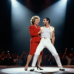 margaret thatcher on stage with freddie mercury at live aid