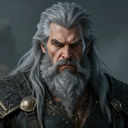 a highly detailed portrait of a epic massive fantasy man with grey hair and beard staring ominously concept art