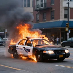 burning police car on streets of detroit