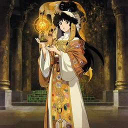 anime visual, portrait of women like reol from a distance as a priestess holding a magical ritual in a ancient temple interior wearing ornate robes, cute face by yoh yoshinari, alphonse mucha, dynamic perspective pose, rounded eyes, moody, psycho pass, kyoani, gustav klimt, cel shade, ilya kuvshinov